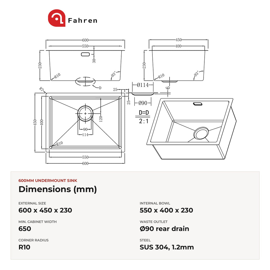 Fahren 600mm Undermount Kitchen Sink