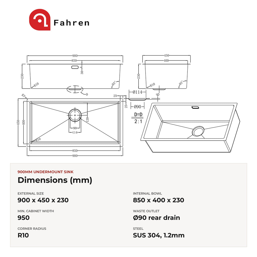 Fahren 900mm Undermount Kitchen Sink
